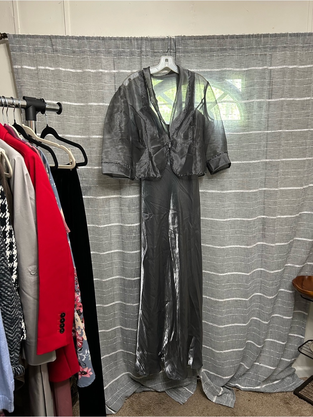 David's Bridal Silver Santiny Evening Dress with Sheer Bolero Jacket